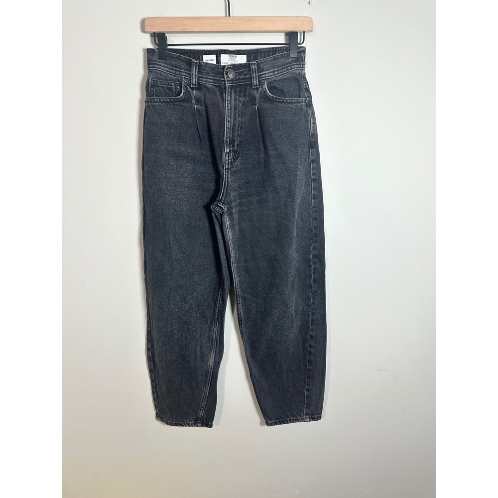 Bershka Women Black Balloon Fit High Rise Tapered Jeans Size 4 Acid Wash Pleated